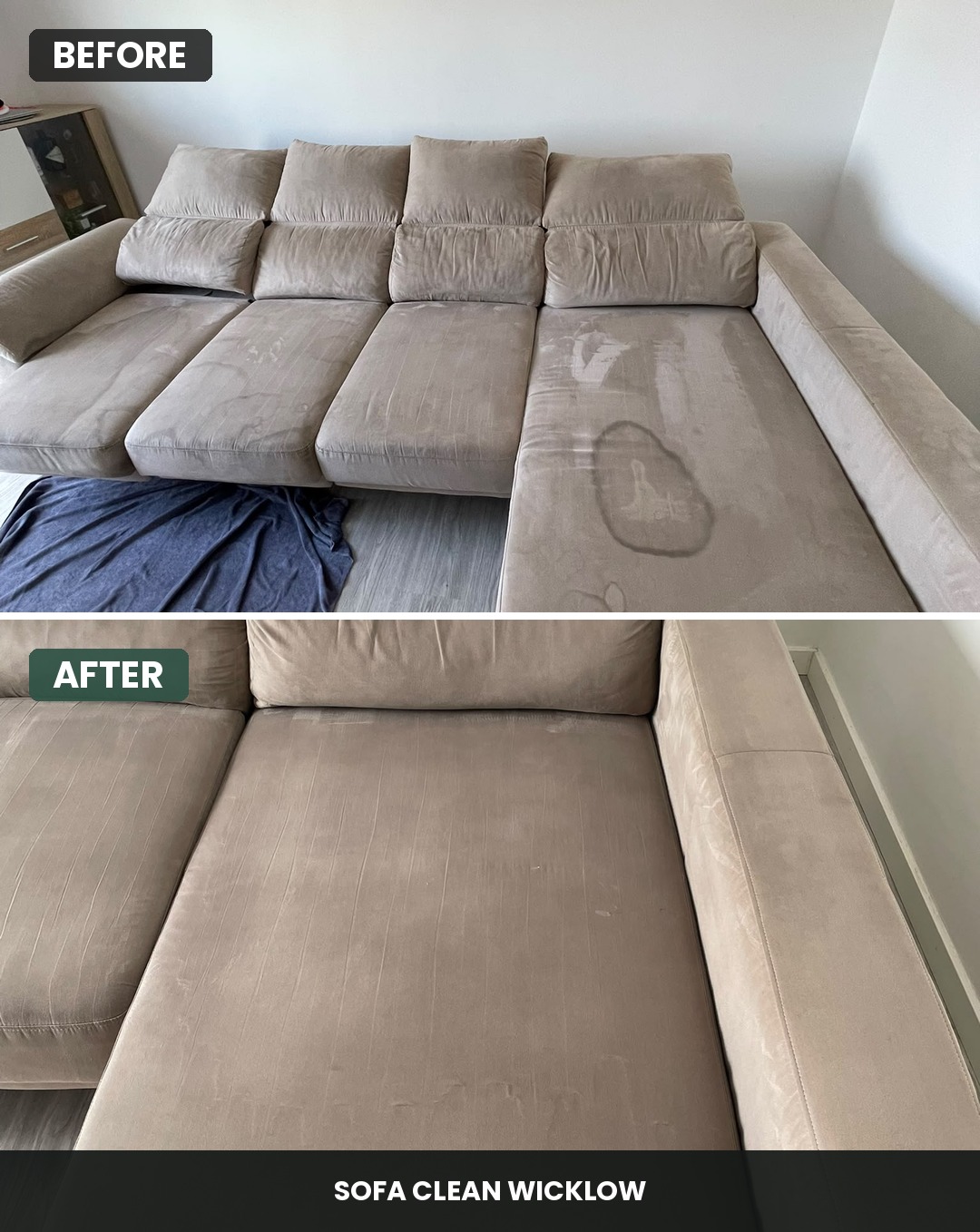 Sectional sofa before and after cleaning, water stains fully removed